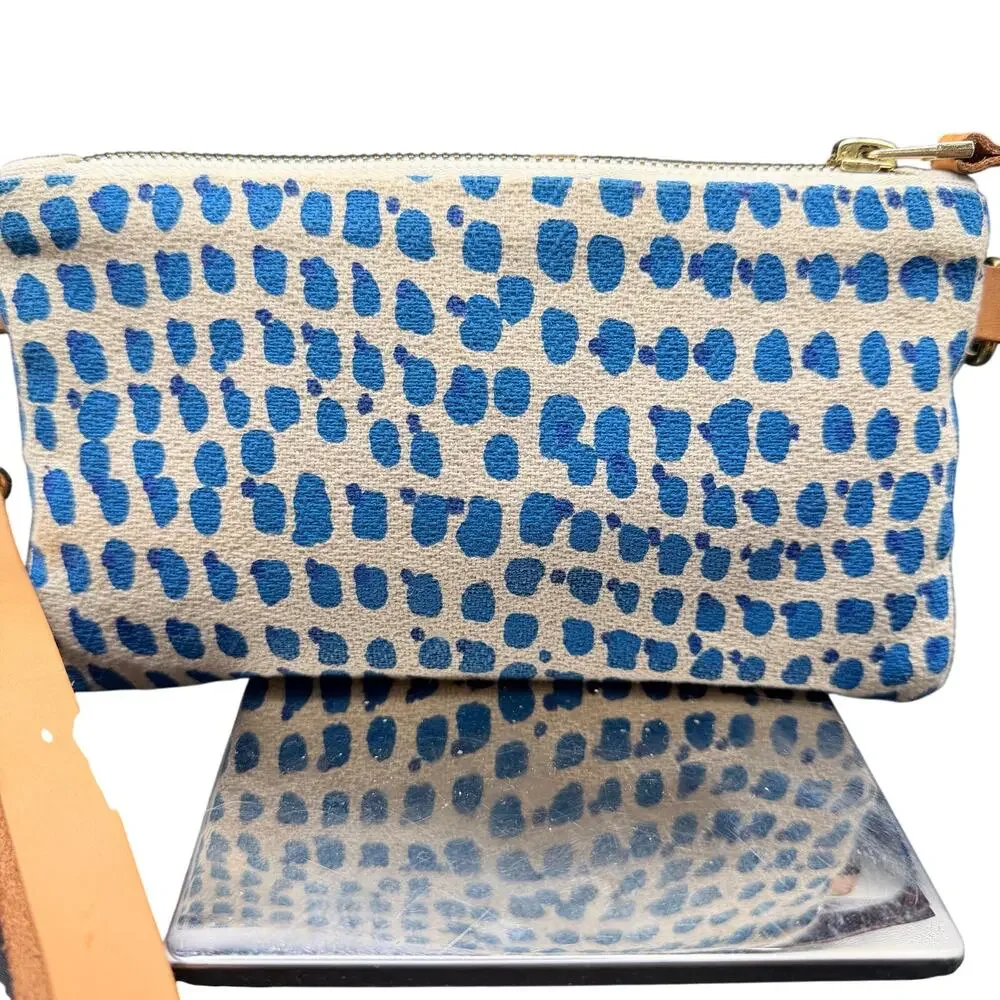 Erin Flett Blue Dot Canvas Wristlet Clutch 8x4.5 Leather Strap